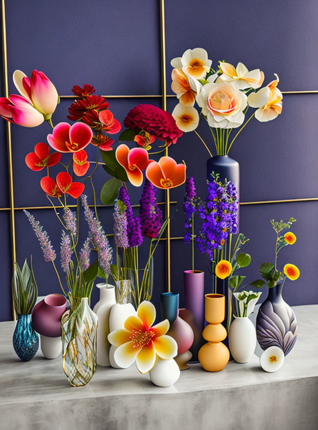 Colorful Artificial Flowers in Stylish Vases on Shelf with Purple Backdrop