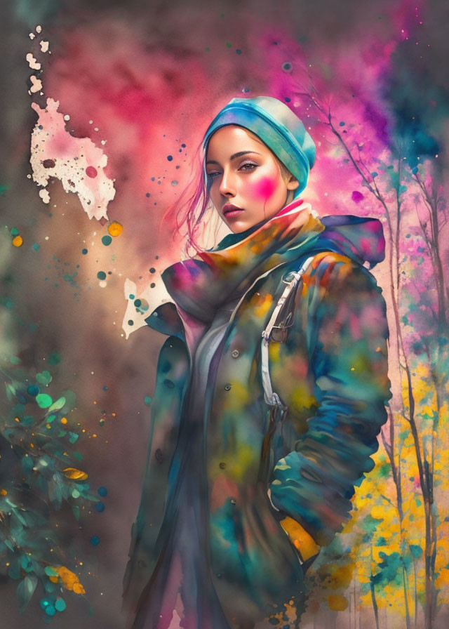 Colorful Digital Painting of Woman in Headscarf and Jacket with Abstract Background