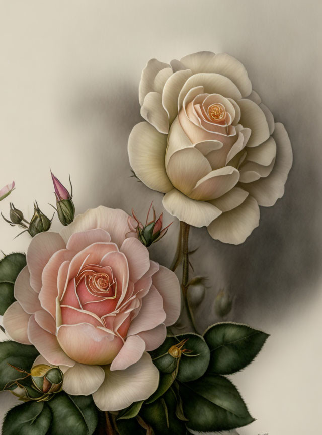 Pale Pink Roses in Full Bloom with Rosebuds and Green Leaves on Muted Background