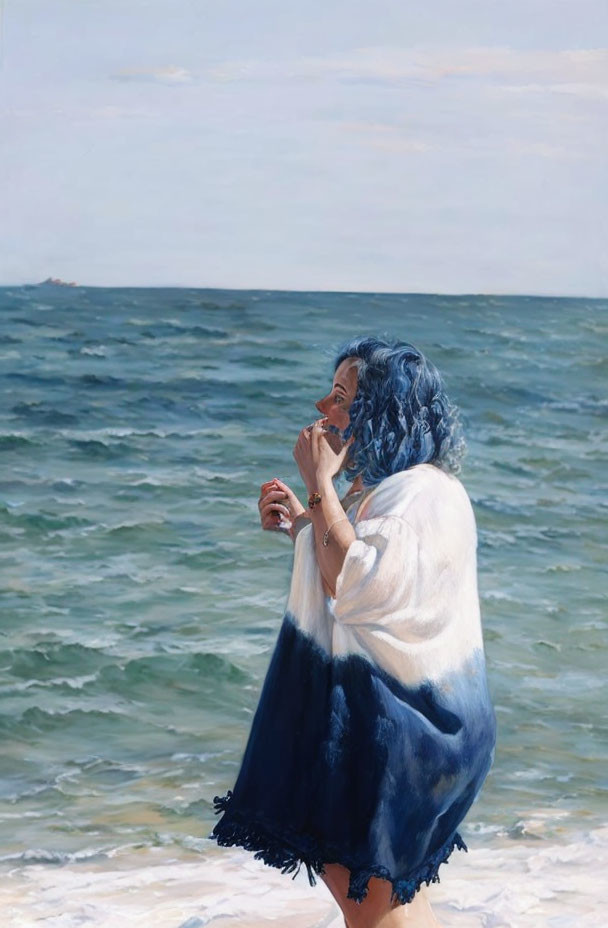 Blue-haired woman in shawl on beach tasting berry