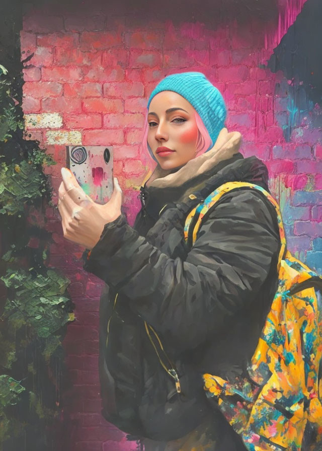 Person in Blue Beanie and Yellow Jacket Selfie Against Graffiti Wall