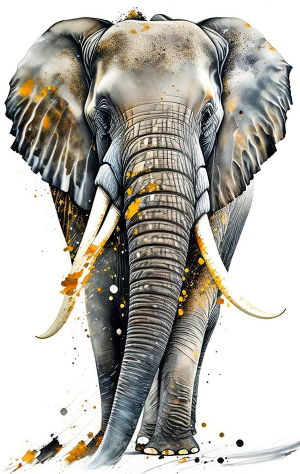 Colorful Elephant Artwork with Prominent Tusks on White Background