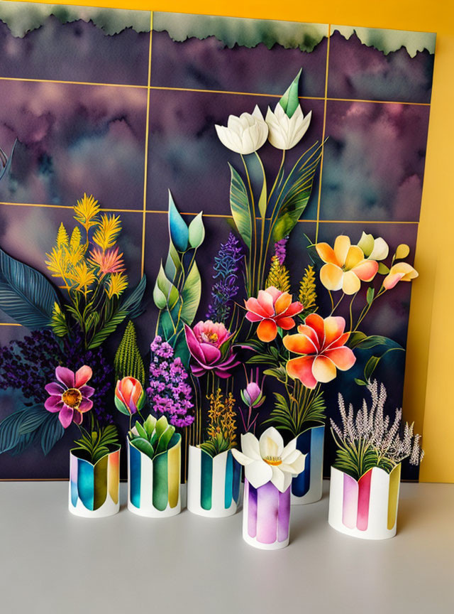 Vibrant paper craft flowers in painted vases on watercolor backdrop
