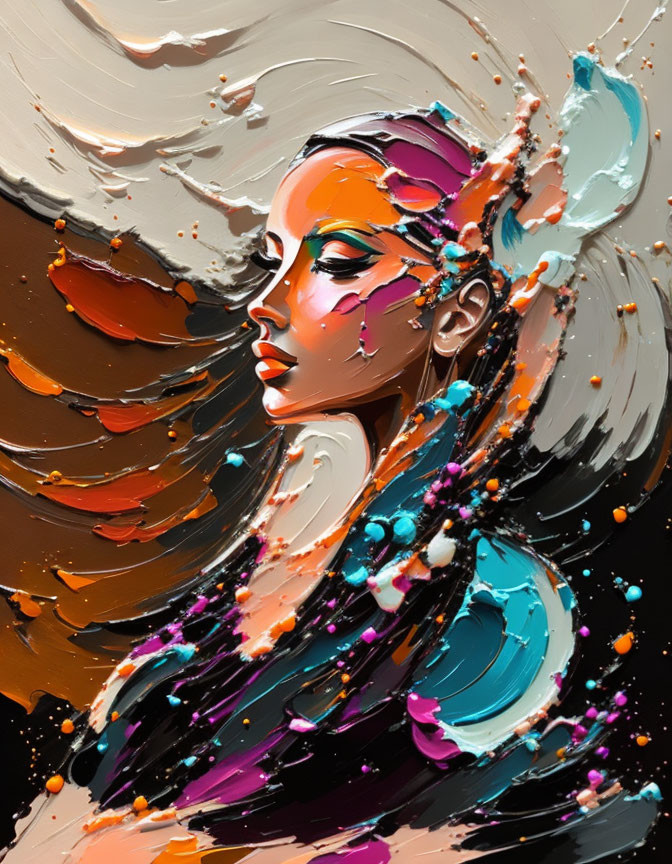 Colorful Abstract Portrait of Woman with Dynamic Brushstrokes