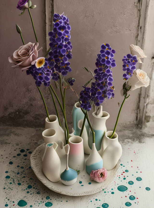Pastel Ceramic Vases with Purple Flowers on Rustic Background