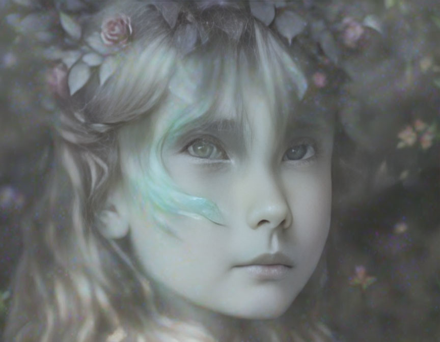 Child with ethereal makeup blending into dreamy floral background