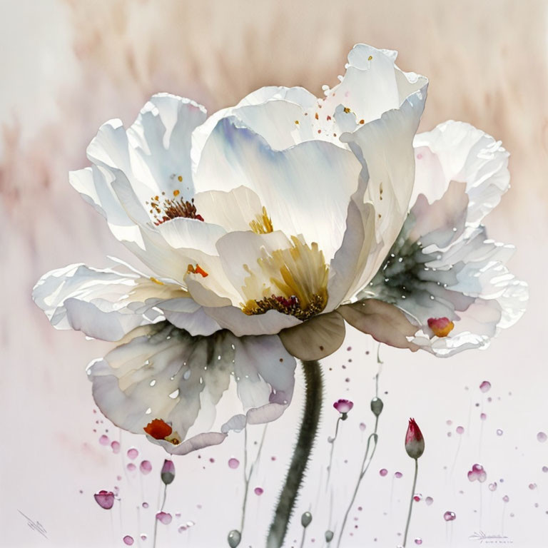 Delicate White Poppy Watercolor Painting with Floral Accents