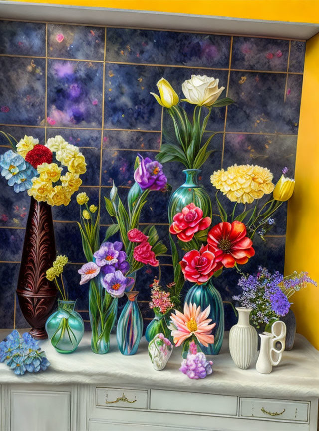 Vibrant flowers in decorative vases on white surface against starry tile background