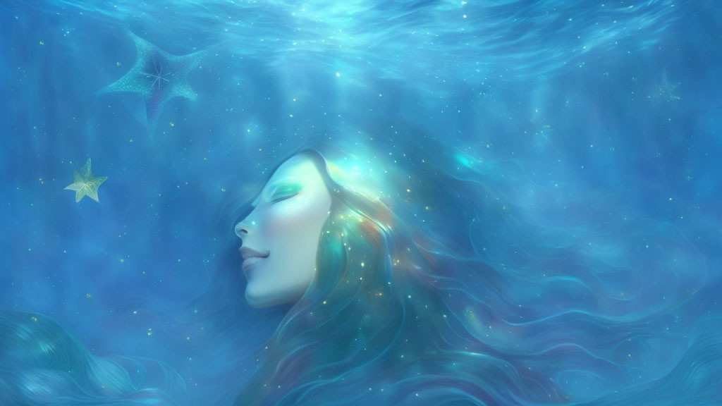 Ethereal woman's face in star-studded underwater scene