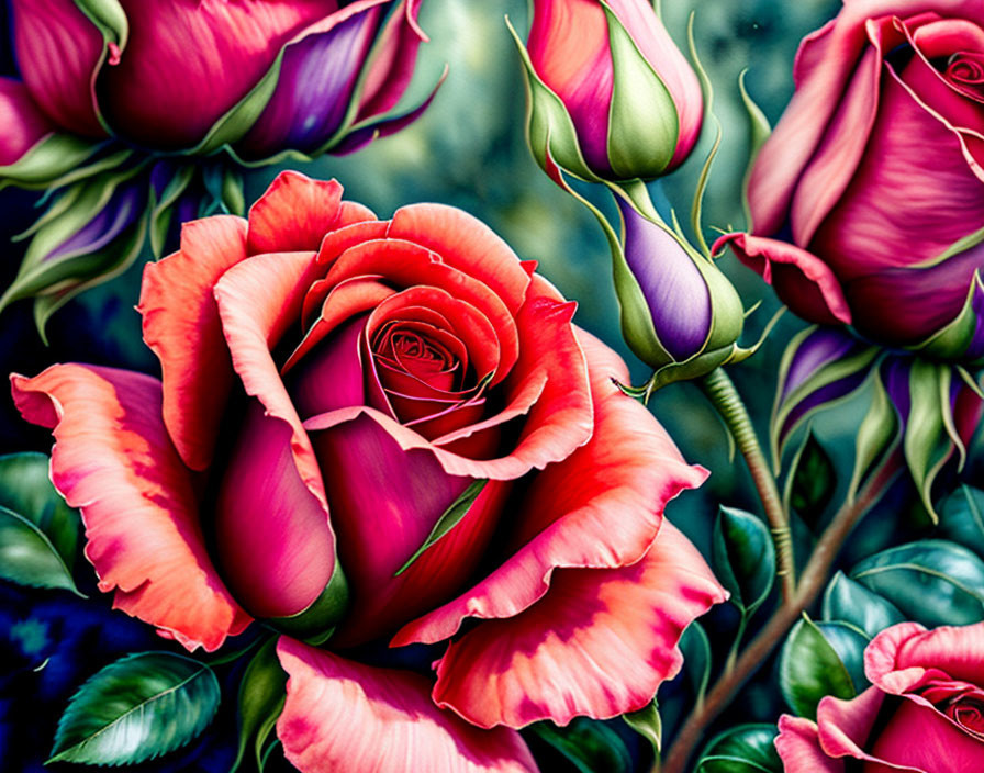 Colorful illustration of pink and red roses on dark background