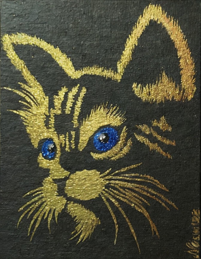 Cat Painting with Striking Blue Eyes and Gold Outlines on Textured Black Background