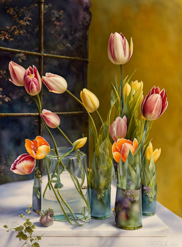Colorful still life painting of tulips in glass jars on warm, textured background