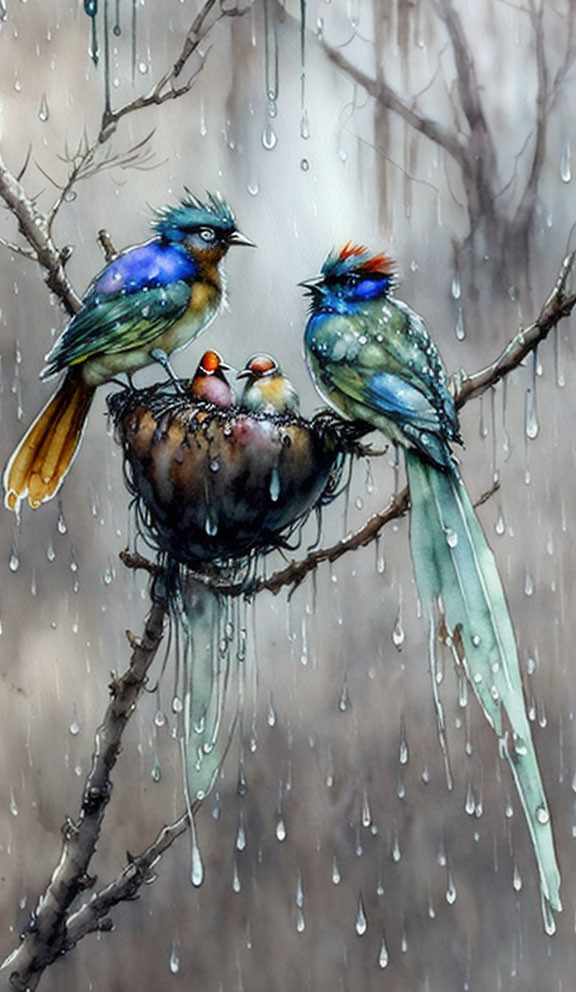 Colorful Watercolor Birds with Chicks on Rainy Branch