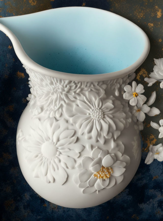 White Porcelain Pitcher with Textured Floral Design and Blue Interior
