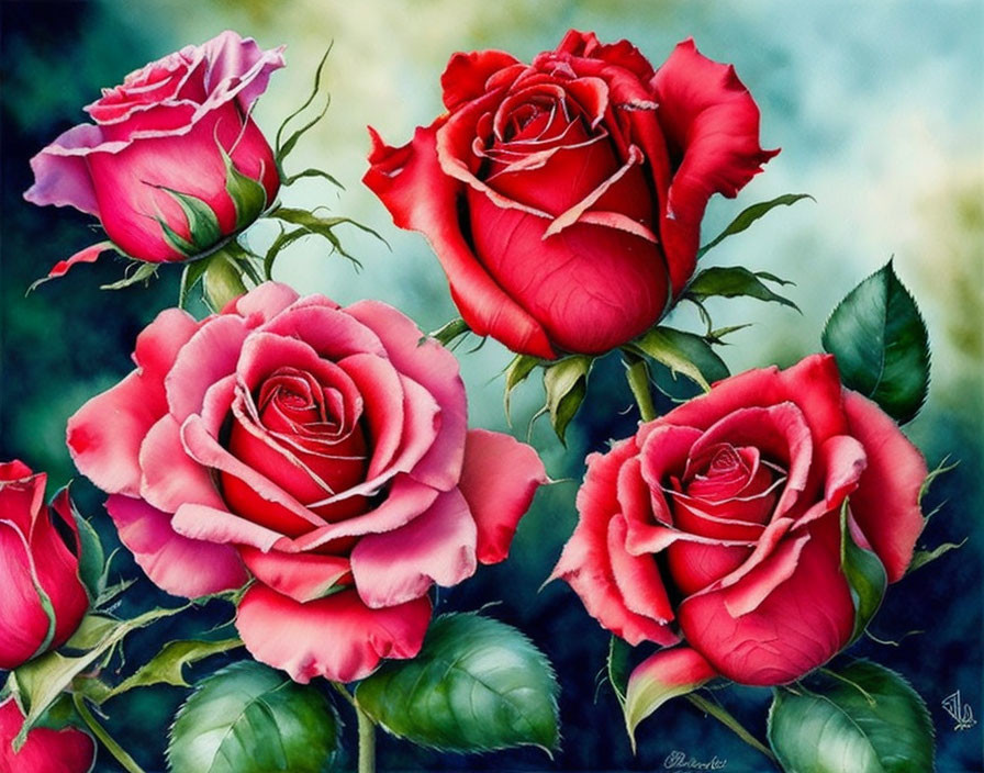 Colorful painting of four red roses with white edges on petals, set against lush green leaves on a