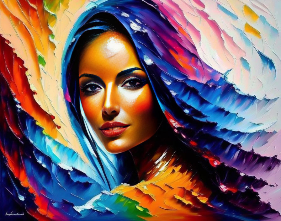 Colorful Portrait of Woman with Feather-Like Brushstrokes
