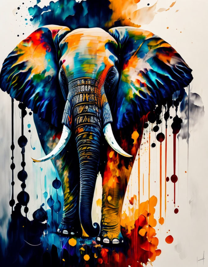 Colorful Abstract Elephant Painting with Dripping Paint Details