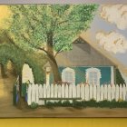 Rustic landscape painting with trees, house, fence, and water reflections