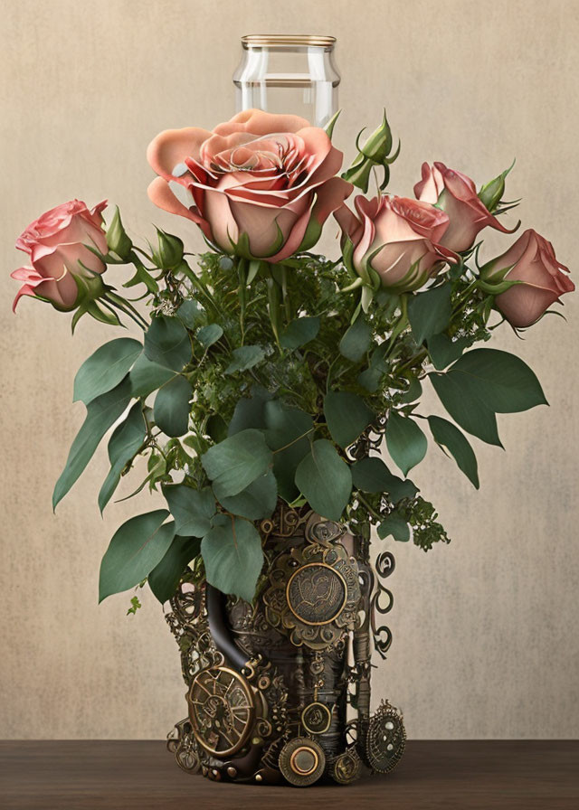Steampunk-inspired vase with gears and clocks and pink roses arrangement