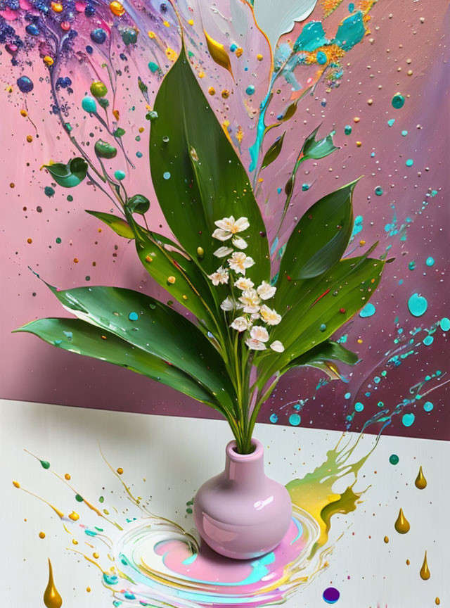 Colorful digital artwork: Pink vase, flowers, and paint-splattered background