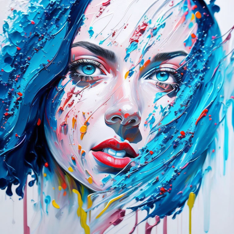 Colorful portrait of a woman with blue and red paint accents