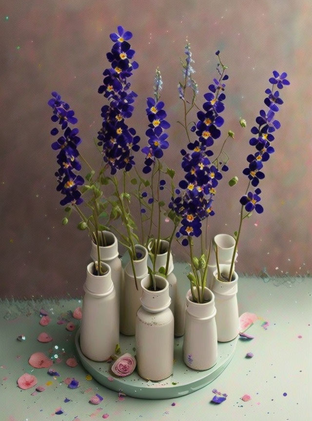 Blue Flowers in White Vases on Tray with Petals on Speckled Background