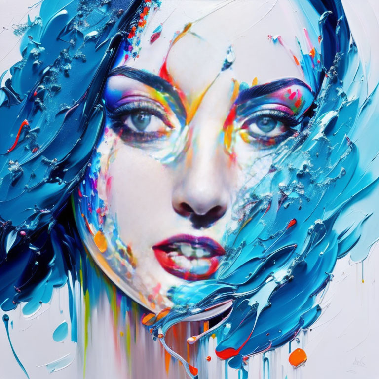 Vibrant blue and multicolored paint splatters form woman's face