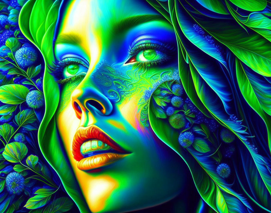 Colorful digital artwork: Woman's face with psychedelic patterns