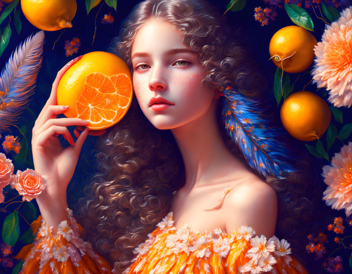 Voluminous curly hair woman with flower dress holding sliced orange among vibrant oranges and flowers.