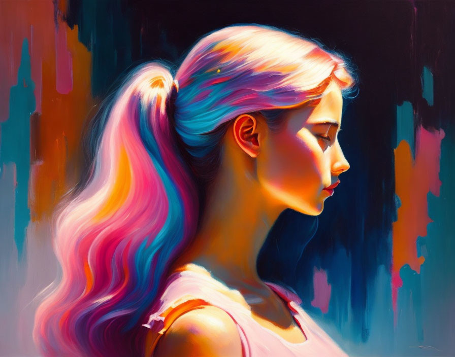 Colorful portrait of young woman with multicolored hair against abstract backdrop