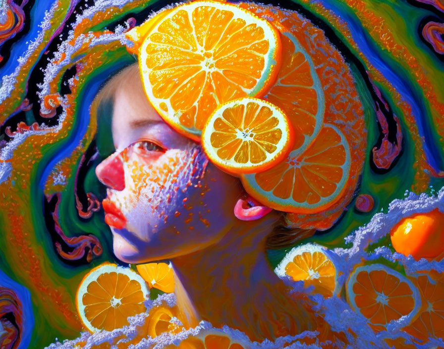 Colorful portrait blending face with oranges and patterns in vivid blues and oranges.