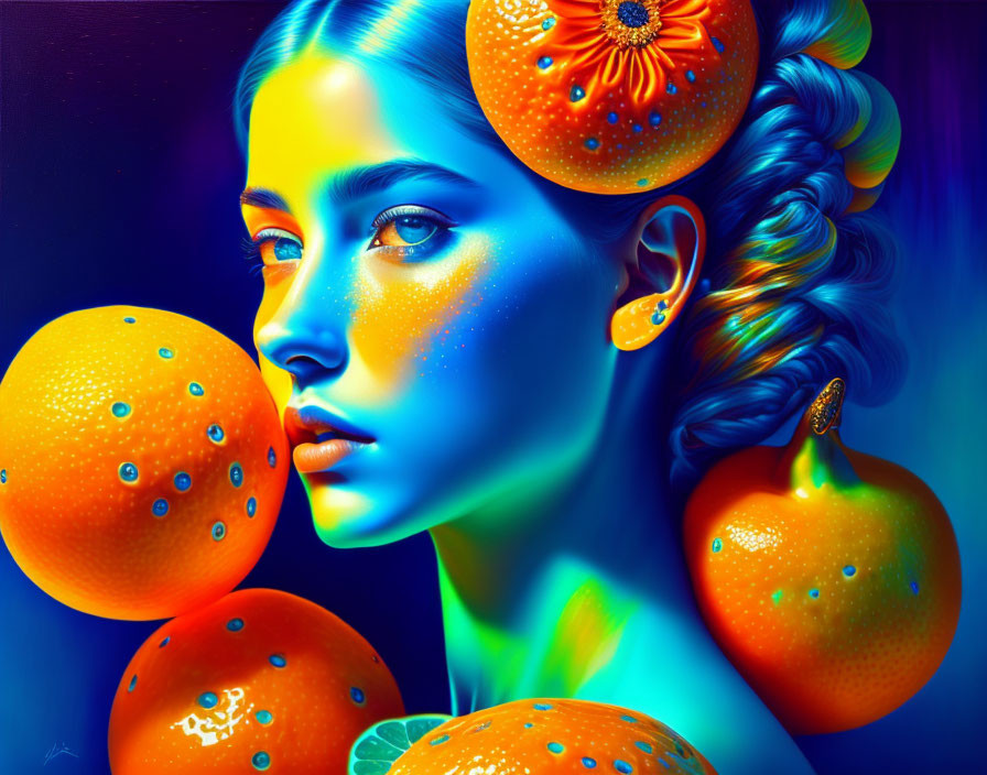 Colorful digital artwork: Woman with blue skin, orange surroundings, matching accessories.