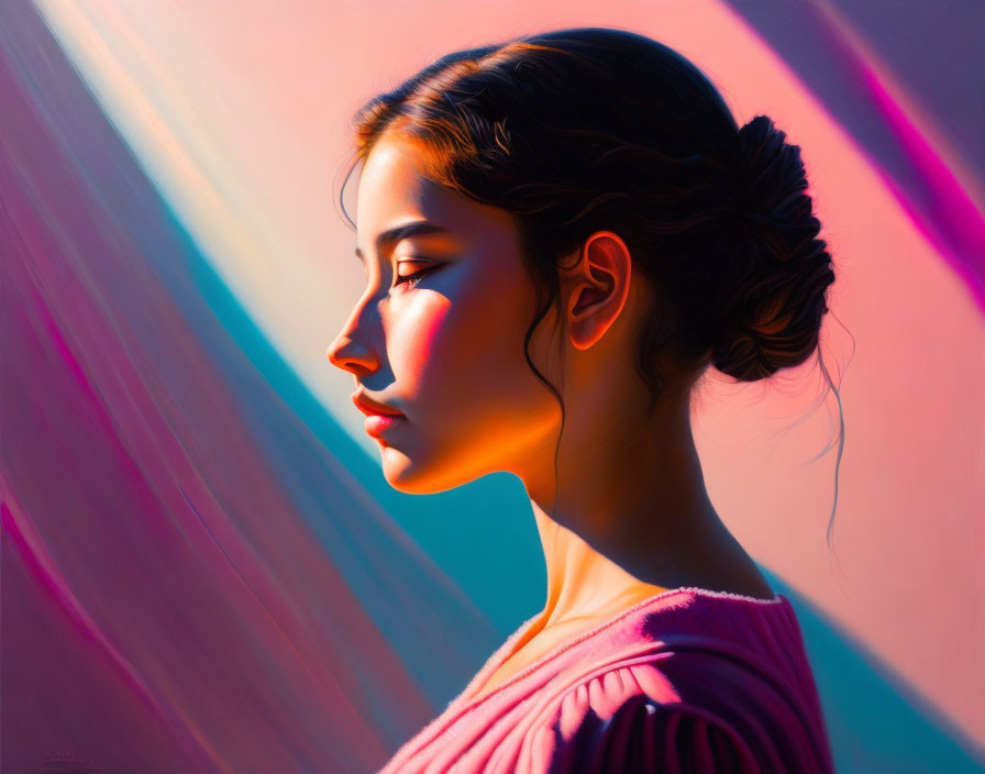 Profile view of woman with braided bun in colorful light rays