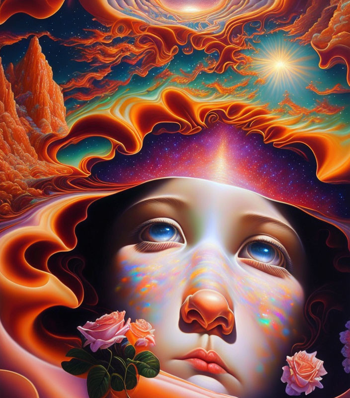 Surreal artwork: child's face with cosmic forehead, fiery waves, roses, alien landscape,