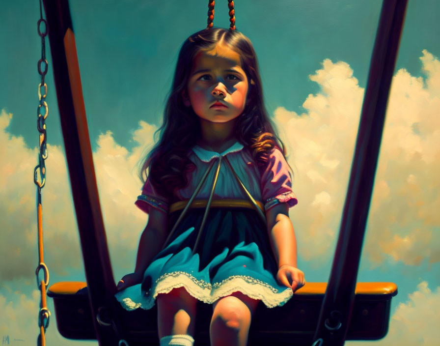 Young girl in blue dress on swing gazes sideways under blue sky