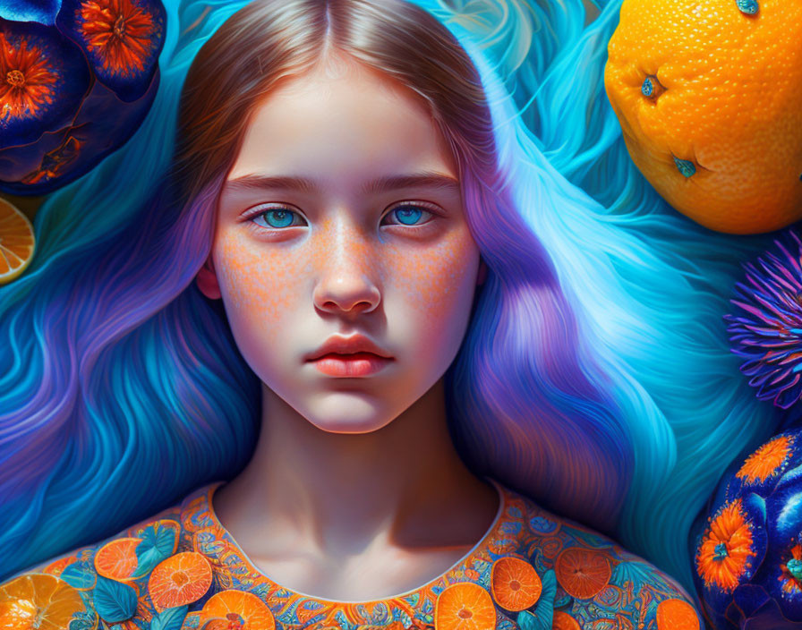 Portrait of girl with blue hair, blue eyes, freckles, orange fruits, and purple flowers