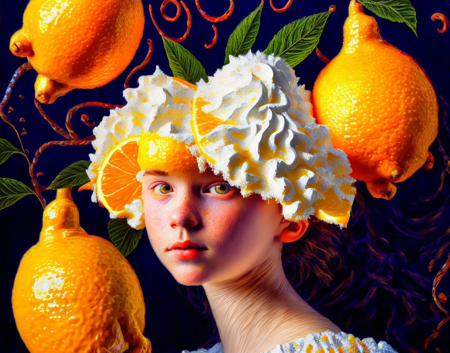Colorful surreal portrait with orange fruit and white headdress on dark background