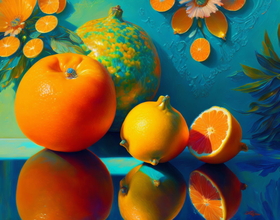 Colorful Still Life Painting of Citrus Fruits on Glossy Surface