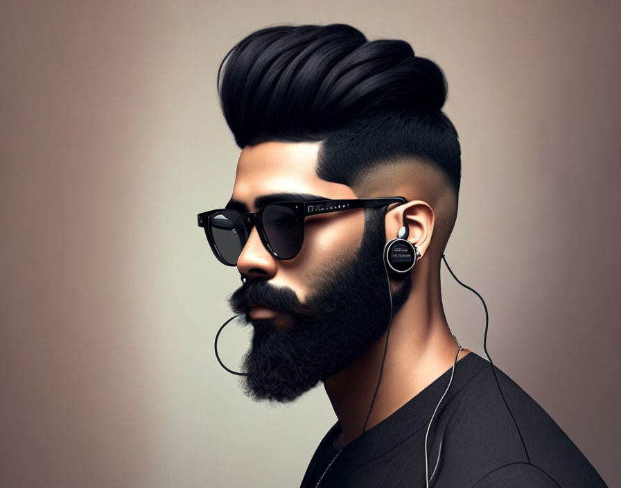 Stylish man with voluminous pompadour, beard, sunglasses, and earphones
