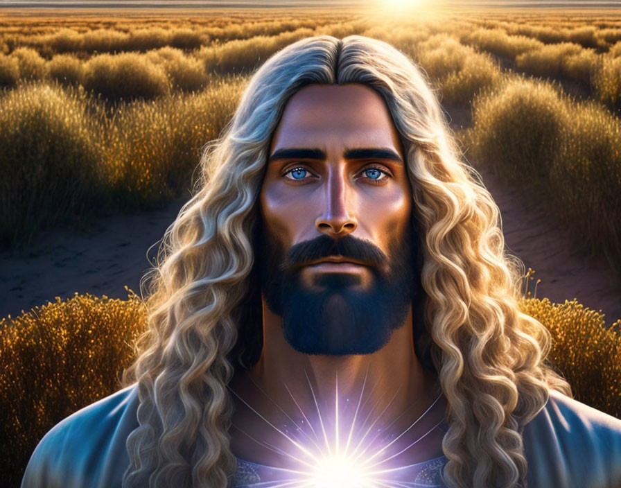 Man with Long Blonde Hair and Blue Eyes Glowing in Golden Sunset Scene