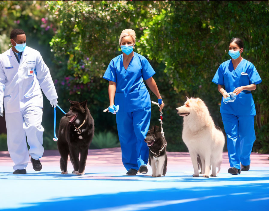 Healthcare workers in scrubs walking dogs near blooming flowers