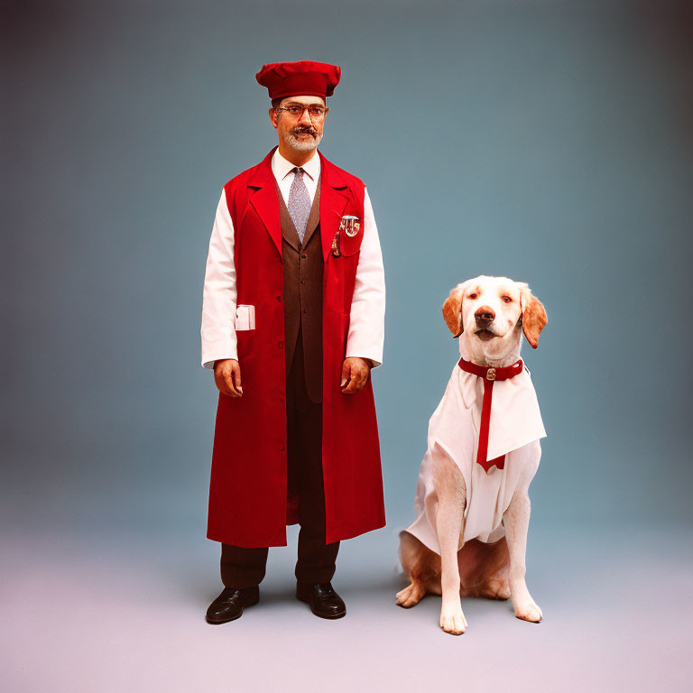Man in Red Hat and Long Coat with Dog in Matching Red Scarf on Blue Background
