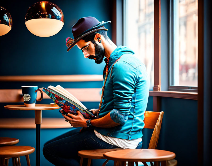 Bearded man reading at café table with coffee cup