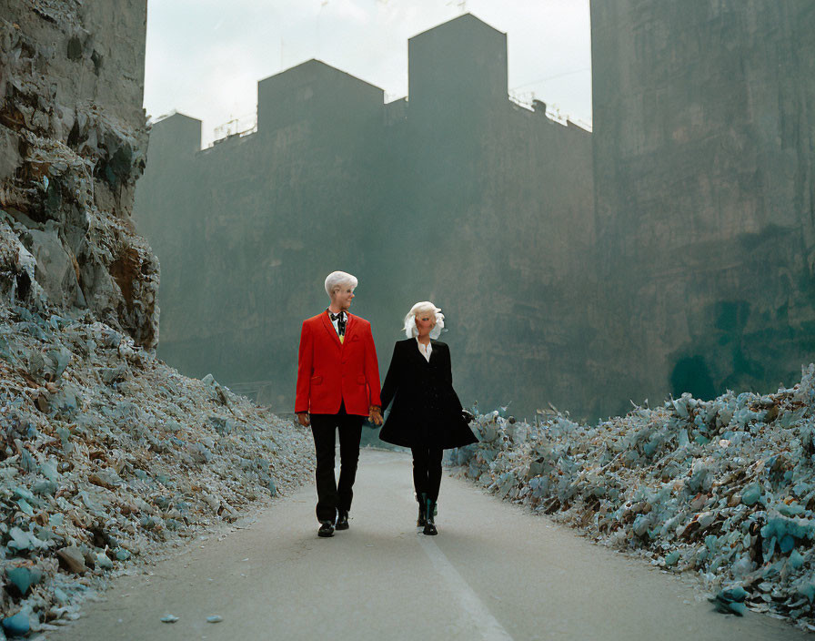 Elderly couple in stylish attire walking down desolate road near industrial structures