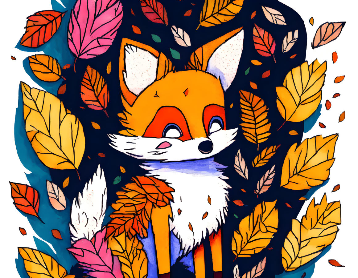 Whimsical fox surrounded by autumn leaves on deep blue background