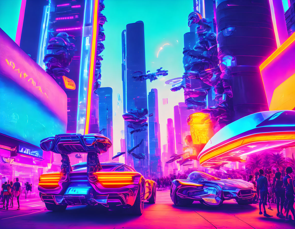 Futuristic cyberpunk cityscape with neon lights and pedestrians