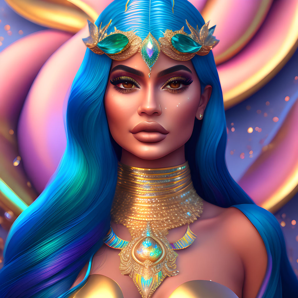 Woman with Blue Hair and Golden Crown in Colorful Illustration