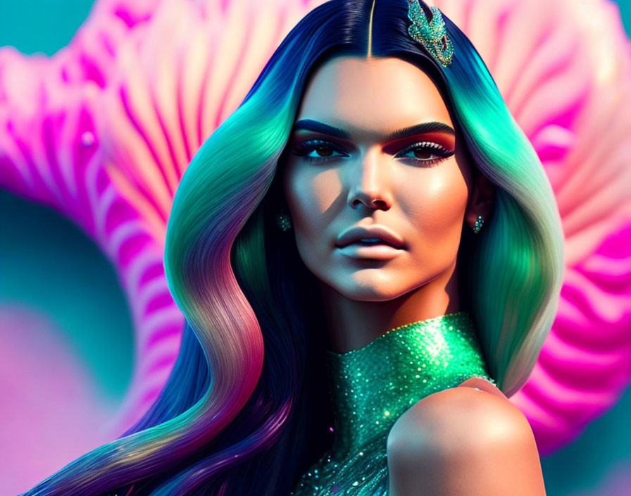Colorful digital portrait of a woman with multicolored hair and sharp makeup in glittery green outfit