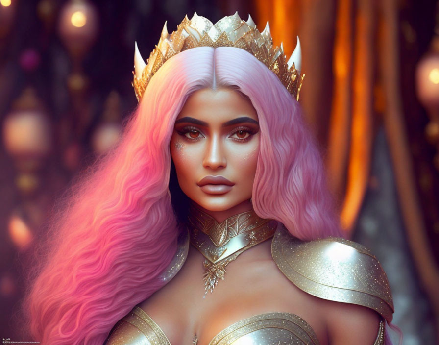 Digital Art Portrait of Woman with Pink Hair, Golden Crown, and Gold Armor on Bokeh Background