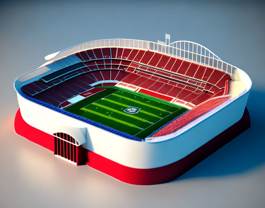 Modern Stadium 3D Model with Football Pitch, Red Seating, Roof, and Floodlights